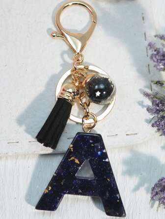 1pc Initial Letter Keychain With Black Beads & Tassel, Elegant Accessory Gift For Friends & Family