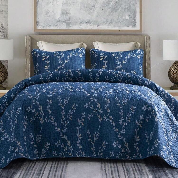 Local Delivery, Fat Quilt Set -Reversible Boho Quilt Set Queen Size, 3 Pieces Patchwork Gray All Season Bedspreads, Ultra Soft Floral Coverlet Bedding Set With Printed Pattern (1 Quilt, 2 Pillow Shams) - Floral-navy - 查看 1