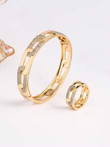 1 Set de pulsera y anillo con cadena geométrica y microperlas de circonita, un elegante juego de pulsera y anillo para uso diario de mujer