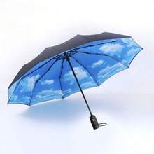 1pc Fully Automatic Compact Travel Umbrella, Reverse Design Inverted Not Get Wet Car Umbrella, With Auto Open/Close Handle And UV Protection, Reflective Strip Design For Night, Strong Windproof And Waterproof Automatic Umbrella