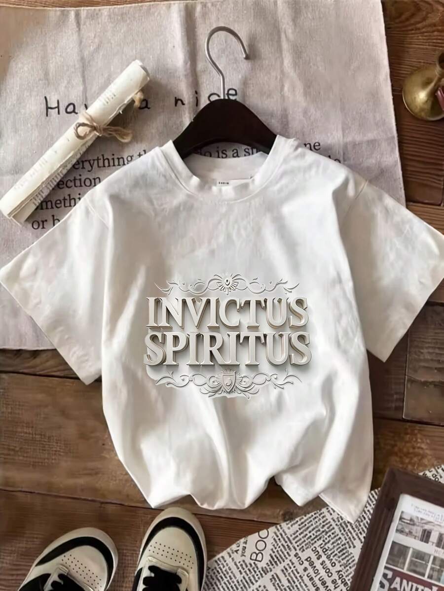Invictus Spiritus Elegant Design All Season 220g Cotton Single Sided Printed Crew Neck Short Sve T Shirt - White - View 1