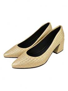 Women's Pointed Toe Pumps CM Shoes Napa Rope Social Work Block Heel Square High Comfortable Braided - Gold - View 2