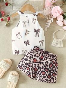 Young Girl Bow Print Casual Cold Shoulder Top And Shorts Set