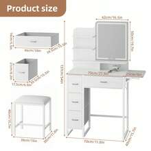 Tomnk Makeup Vanity Desk With Mirror And Lights, Vanity With 4 Fabric Storage Drawer & Chair & Shelves, White Vanity With Fold-Up Panel And Power Outlet For Bedroom, Bedroom Furniture (Mirror Light Strip Powered By USB Interface) - Xem 2
