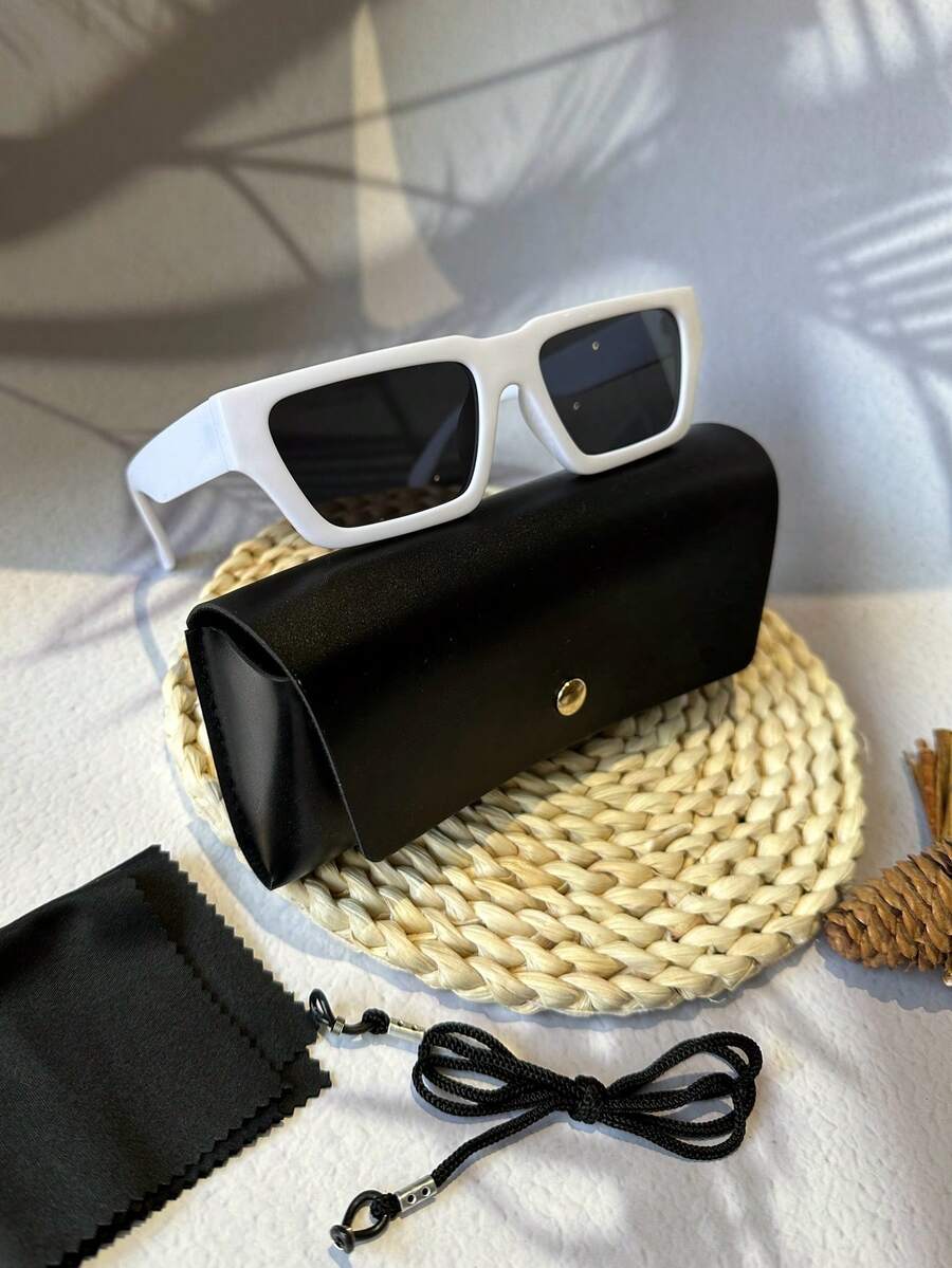 POLASUP 1pc Men's Polycarbonate Explosion-Proof Lens Sports Leisure Street Retro Flat-Top Fashionable Copper Hinge Non-Plastic Hinge Special UV Blocking Sun-Shading Sunglasses (With Eyeglass Strap And Eyeglass Cloth) All Seasons Y2K Vintage Classic Fashion Fashionable. Stylish, Retro. Square. Travel. Sunglasses.Glasses UV Protection.,UV400 Decorative Eyewear For Summer Beach Vacation,Outdoor,Travel - 白色 - 查看 1