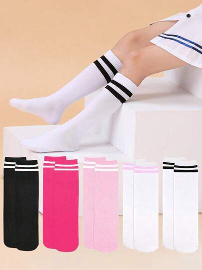 5 双儿童幼儿足球袜男童女童及膝条纹筒袜运动袜（适合男孩和女孩）舒适柔软透气多功能适合所有季节儿童袜子