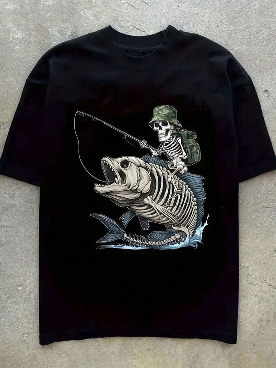 Camiseta de patrón de pesca de calavera 100% algodón para hombres - blanca de manga corta con cuello redondo y diseño de esqueleto y pez, ropa deportiva casual ligera y transpirable, perfecta para la diversión al aire libre en primavera y verano, ropa casual|Diseño lúdico|Camisa de Pesca Cómoda - Negro - Ver 1
