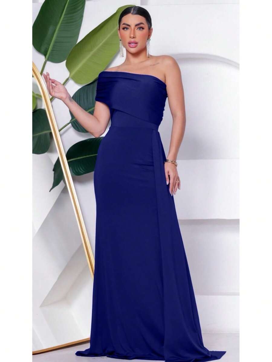 Long Women's Party And Event Dress, Elegant, Bridesmaids And Guests, Fluidity Knit With Lined Cups, One Shoulder, One-Sided, Zero Sleeves - 藏蓝色 - 查看 1
