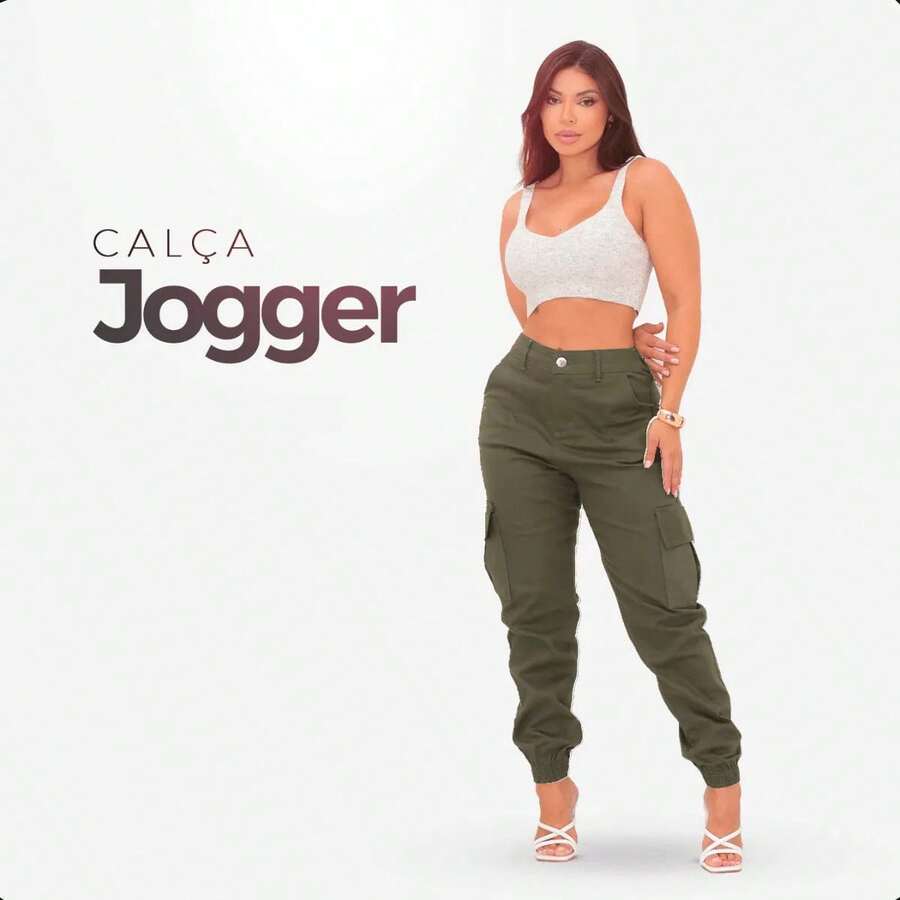 Women's High Waisted Cargo Jogger Pants Premium Twill Side Pocket, Women's High Waisted Cargo Jogger Jeans With Lycra, Women's High Waisted Butt Lifting Cargo Jeans - 軍綠色 - 查看 1