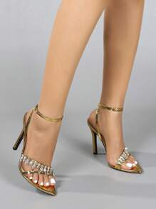 Women's Diamond Chain Rhinestone Criss-Cross Ankle Strap Pointed Toe Stiletto High Heel Sandals, Sexy Fashion Party Shiny Elegant High-End Gathering Banquet Silver Heels