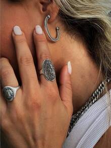 1 Piece Of Virgin Mary Pattern Long Oval Retro Fashion Copper Antique Silver Women's And Men's Open Ring, Suitable For Festival Parties And Dances - 復古銀色 - 查看 6