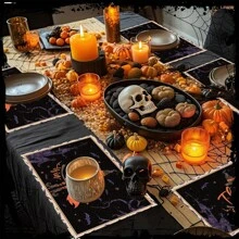 1 pieza/4 piezas Manteles individuales de lino de Halloween, manteles individuales para el desayuno o la cena, accesorios de cocina, fáciles de limpiar, aptos para fiestas de Halloween, mesa de comedor, hogar, restaurante, decoración de restaurante, con diseños de calabaza, bruja y fantasma