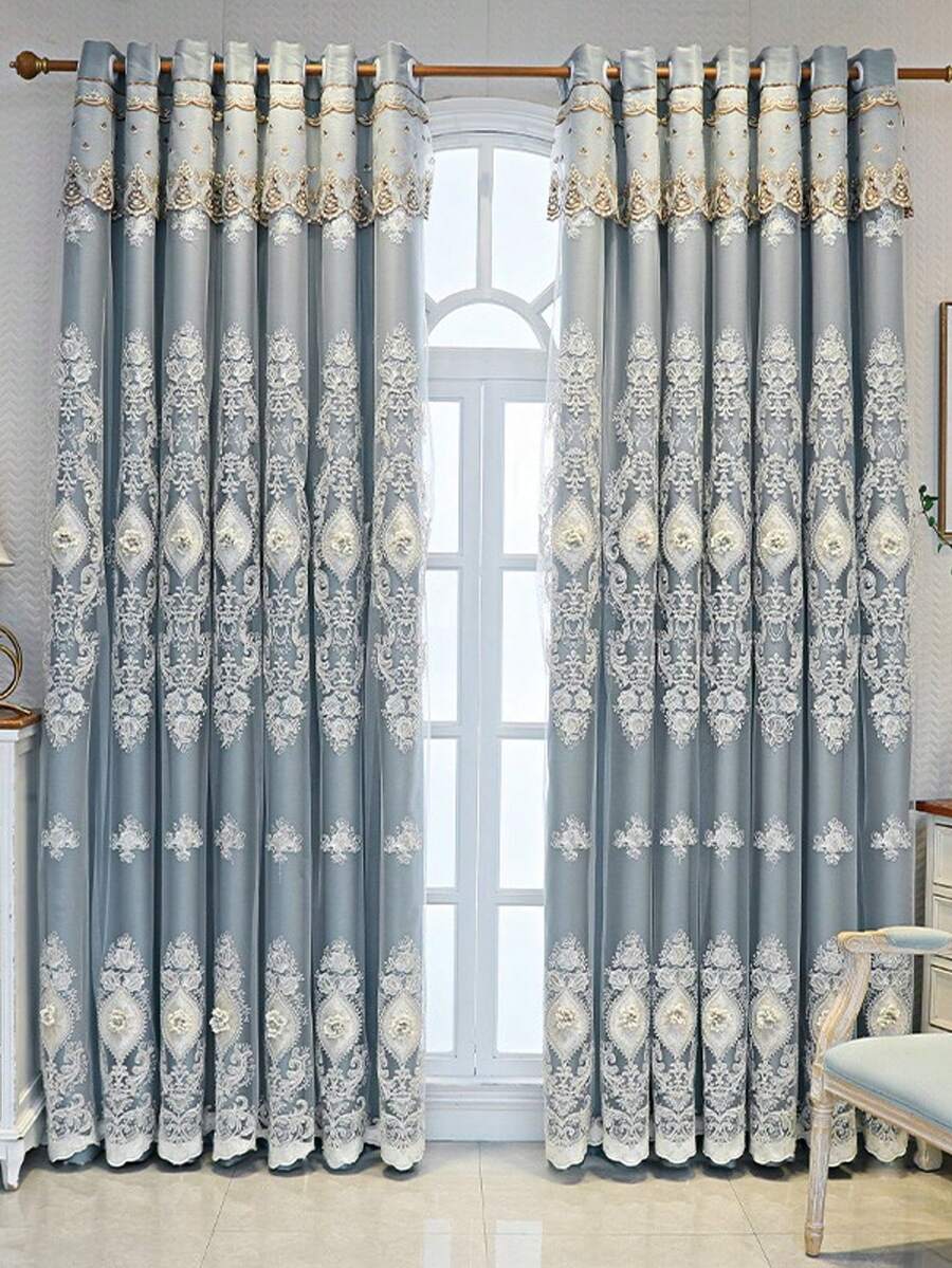 1 Piece Of European-Style Blackout Double-Layer Curtain, 3D Relief Embroidered Flower Yarn, Suitable For Bedrooms, Living Rooms And Other Room Types, Top Hole Ring Processing - Water Blue - View 1