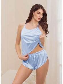 4Pcs Womens Silk Pajama Sets Satin Pajamas Set Sexy Cami Lingerie Pjs Nightwear Silky Pj Loungewear Sleepwearhalloween - Azure - 查看 7