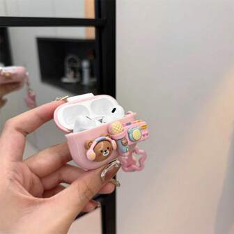 1pc Cute Cartoon Music Bear Pink Soft Shockproof Case + Guitar Star Keychain / 1pc Beige Cute Bear Star Shockproof Earphone Case + Star Bell Pendant Bluetooth Earphone Case Compatible With Apple 1st/2nd/3rd/Pro/Pro 2nd Generation, Creative Design