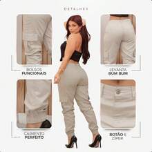 Women's High Waisted Cargo Jogger Pants Premium Twill Side Pocket, Women's High Waisted Cargo Jogger Jeans With Lycra, Women's High Waisted Butt Lifting Cargo Jeans - 卡其色 - 查看 6