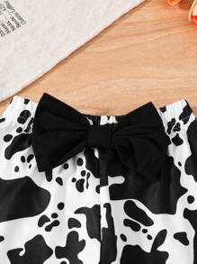2pcs Baby & Toddler Girls' Casual Cute Puff Sleeve Letter Print T-Shirt And Cow Print Bow Hem Pants Set, Spring/Summer