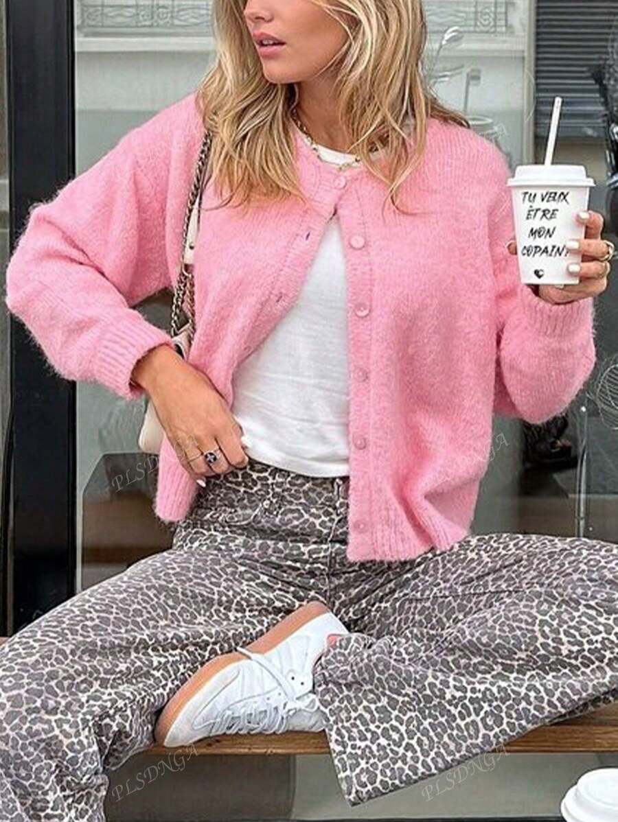 Cárdigan de punto de unicolor casual para mujer, parte superior de uso diario con botones al frente