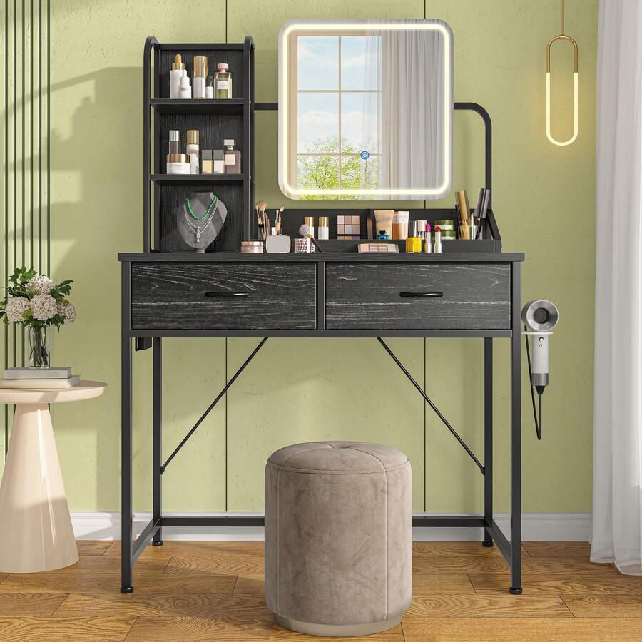 EnHomee Black Vanity Desk With Mirror And Lights, Small Makeup Vanity Desk With Fabric Drawers & Power Outlet, Modern Dressing Table For Bedroom, Black - 查看 1