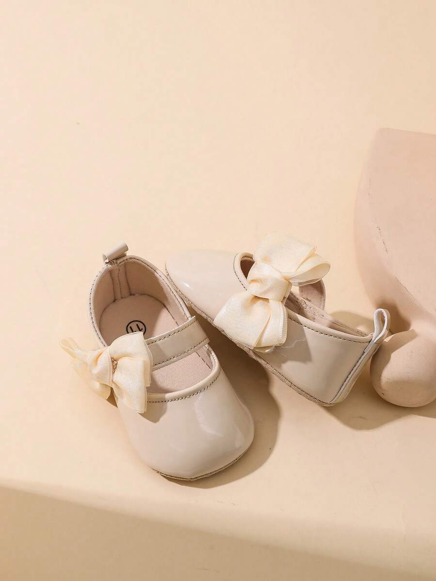 0-1 Year Old Baby Girls Mirror PU Bow Hook And Loop Design Flat Versatile Princess Crib Shoes, Fit For Spring & Summer