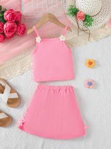 Conjunto de 2 piezas de verano para niñas, top sin tirantes y falda mini con estampado de mariposa, adecuado para niñas de 4 a 7 años, para usar en exteriores, diario y estilo casual elegante