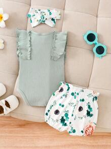 Baby Boys And Girls Summer Outfit Auntie Is The Best Friend Short Sleeve Ribbed Romper, Floral Shorts Clothing Set, Suitable For Outdoor