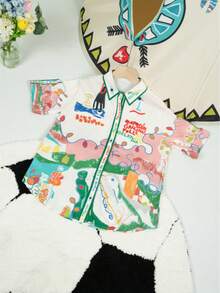 Women's Linen Shirt With Unique Graffiti Print, Single-Breasted Multi-Button Design