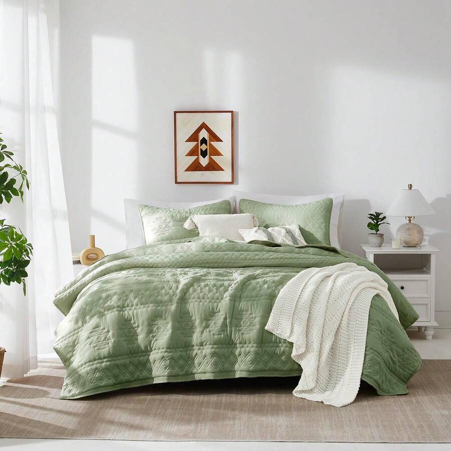 Dark Grey Quilt King Size Bedding Sets With Pillow Shams, Lightweight Soft Bedspread Coverlet, Quilted Blanket Thin Comforter Bed Cover, All Season Spring Summer, 3 Pieces, 104x90 Inches - 波西米亞綠 - 查看 1