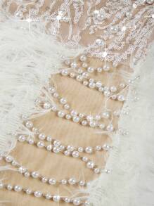 Nuevo vestido elegante de gala blanco para mujer con detalles de lentejuelas y plumas, sofisticado para eventos de banquete