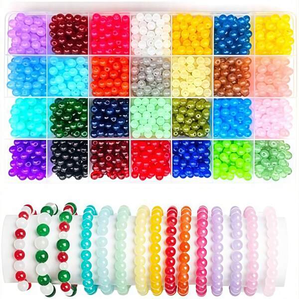 600/1200 Pieces Round Beads And Natural Stone Bracelet Box, Shiny Round Beads, Natural Crystal Stone And Hole DIY Bracelet Jewelry Making Set