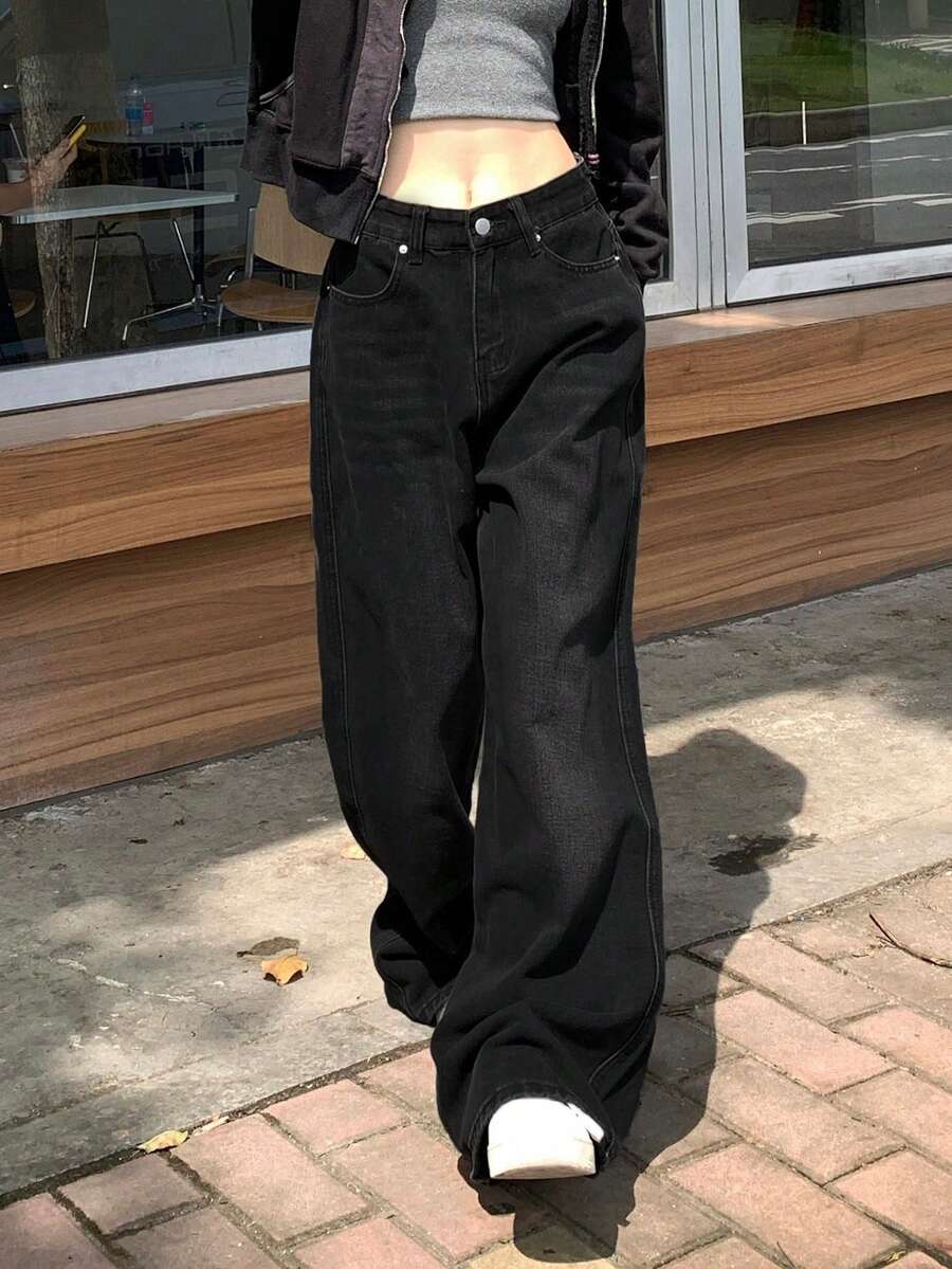 女士高腰宽松口袋喇叭牛仔裤,夏季新品 - 黑色 - 查看 1