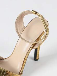 Jin Bei Qi 女士圆头漆皮交叉踝带细高跟凉鞋，迷人时尚派对金色高跟鞋