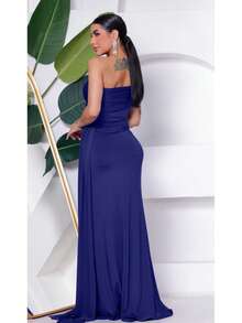 Long Women's Party And Event Dress, Elegant, Bridesmaids And Guests, Fluidity Knit With Lined Cups, One Shoulder, One-Sided, Zero Sleeves - 藏蓝色 - 查看 2