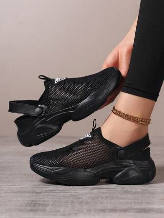 Women's Breathable Mesh Casual Sports Shoes, Fashionable Hollow-Out Design, Suitable For Indoor & Outdoor Use, Black Trekking Shoes