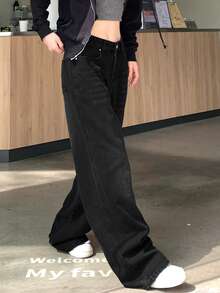女士高腰宽松口袋喇叭牛仔裤，夏季新品 - 黑色 - 查看 5