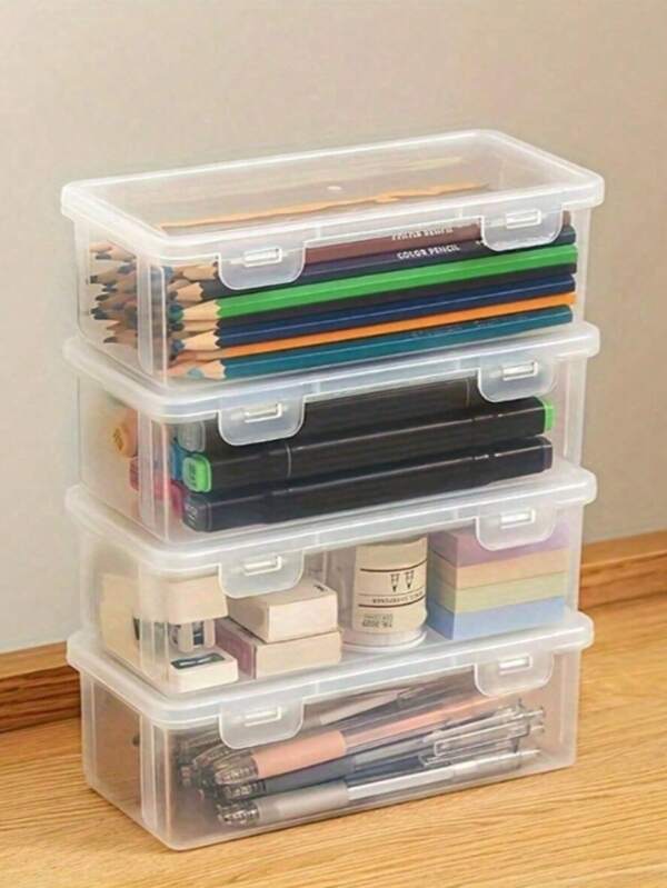 4pcs Large Capacity Transparent Storage Boxes - Durable Clear Plastic Organizer Boxes With Flip-Up Lids, Suitable For Office, School, Craft Supplies, Desk Accessories, Big Size Lightweight Unfinished Surface For Pens, Pencils
