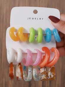 6 pièces/12 pièces/18 pièces/36 pièces Ensemble de boucles d'oreilles géométriques vintage en forme de C et rondes en résine acrylique, convient pour les femmes au quotidien/plage d'été/fête sur un bateau, cadeau