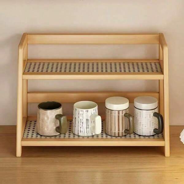 Imitate Rattan Cream-Color Storage Rack, Double-Layer Desktop Organizer Holder For Cups, Dorm, Kitchen