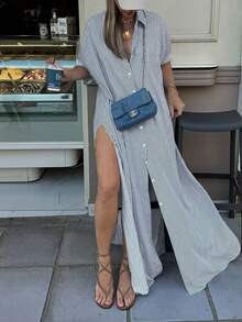 Plus Size Minimalist Striped Dress - Blue - View 5