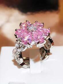 1 pieza Anillo colgante de flor con cristales de arcoíris incrustados lujosamente, adecuado para uso diario, elegantes fiestas, bodas, vacaciones, regalo perfecto para mujeres - Multicolor - Ver 4