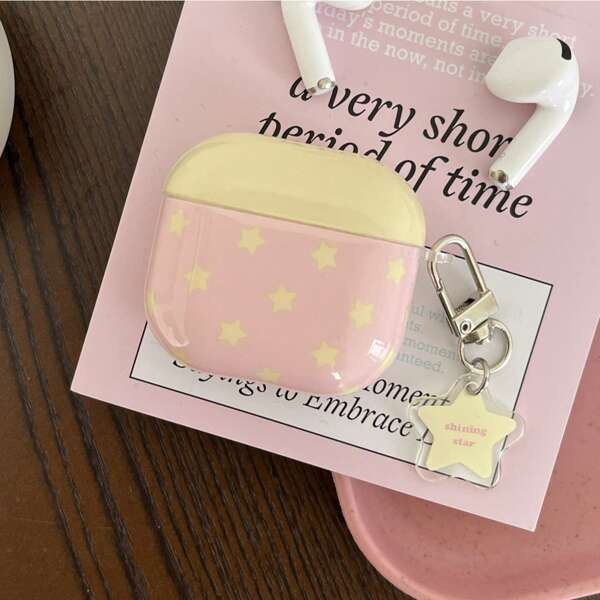 Japan Style Sweet Dual-Layer Yellow & Pink Star Pattern IMD Earphone Case + Star Tag Set, Compatible With Apple Pro 2 Case / Pro Case / 4 Case / 3 Case / 2 Case, Fashionable Women Earphone Case, Minimalist Earphone Case, Apple Earphone Case, Apple Earphone Cover