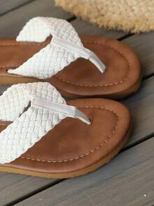 1 双青少年平底人字拖凉鞋，纯色 PU 编织一脚蹬设计圆头轻质 EVA 厚底时尚可爱罗马家居拖鞋，适合男/女学生，日常休闲，沙滩，夏季新款