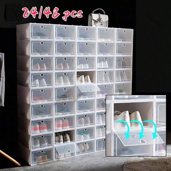 24pcs Shoe Storage Box Stackable, Clear Plastic Shoe Boxes 34x23x14cm - Foldable Shoe Organizer Containers With Lids Transparent Plastic Storage Box Suitable For Women White