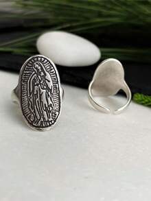 1 Piece Of Virgin Mary Pattern Long Oval Retro Fashion Copper Antique Silver Women's And Men's Open Ring, Suitable For Festival Parties And Dances - 復古銀色 - 查看 11