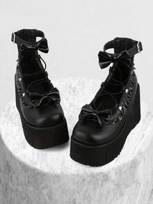 Giày bốt đế xuồng thời trang cho nữ Giày bốt Goth Mũi tròn Gót nhọn Thiết kế nơ Dây đeo thoải mái có thể điều chỉnh Đầm dự tiệc Halloween Giày cao gót Giày bốt cổ ngắn ngày lễ tình nhân - màu đen - Xem 11