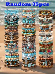 Boho Vintage Turquoise Beaded Bracelet Set, Handcrafted Denim Hat Leaf & Flower Charms, Unisex Fashion Jewelry For Daily Wear, Stone Wooden, Ideal For Valentine's, Carnival, Christmas Gifts - Random Style - 彩色 - 查看 9