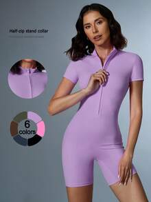 1 pieza Mono de mujer minimalista sin costuras, elástico, con cuello alto y media cremallera - Púrpura malva - Ver 1