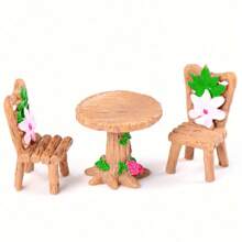 6 Peças Conjunto Mágico de Mesa e Cadeira Mini, Kit de Móveis de Jardim de Fadas com Flores Rosas e Folhas Verdes, Resina ABS Durável - Perfeito para Casas de Bonecas, Cenas em Miniatura e Artes e Artesanato, Acessórios de Jardim de Fadas