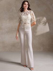 Ladies Eye-Catching Lace Top With Lantern Sleeves And Cinched Waist - Apricot - View 7