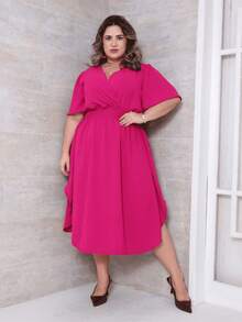 Women's Casual V-Neck Criss-Cross Midi Wrap Dress Plus Size Elegant Loose Godet Sleeve Side Slit Discreet - 玫瑰紅 - 查看 1